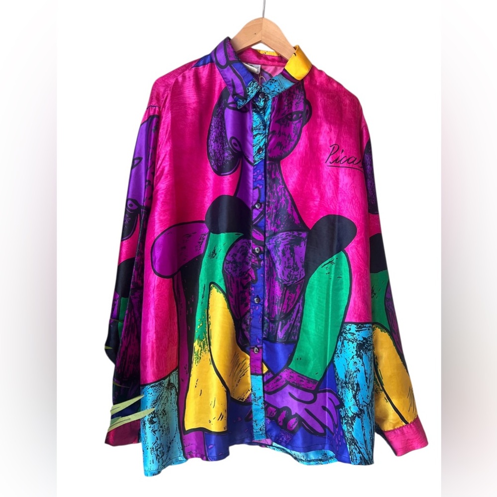 Vintage Picasso 1980s Satin Abstract Art shirt buttons up XXL MADE IN KOREA - Picture 6 of 12